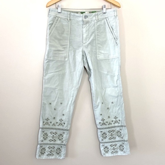 Anthropologie Eyelet Wanderer Utility Cotton Blend Pants Light Mint Green Sz 30 - Picture 2 of 14